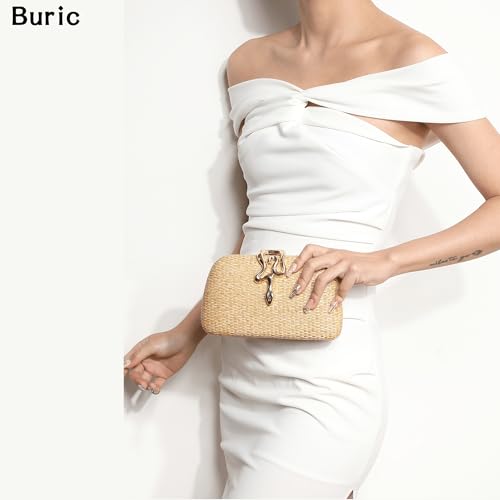 Image of Straw Clutch Purses Summer Beach Purse for Women Woven Vacation Handbags Snake Clasp Straw Beach Bag