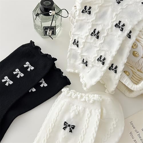 Image of Starella Women's Ruffle Frilly Socks Coquette Bow Scalloped Lace Preppy Dress Sock 5 Pairs Black White
