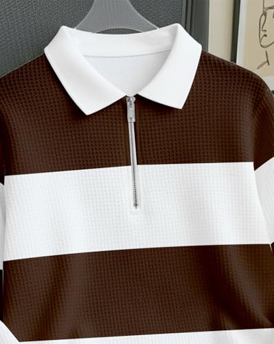 Image of Mens Stylish Half Zip Tshirt, Texture Striped Casual T-Shirt for Men, Formal Collared Neck Full Sleeves T-Shirt for Boys