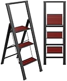 Step Ladder 3 Step Folding, Decorative - Beautiful Mahogany & Black Aluminum, Ultra Slim Profile, Anti Slip Steps, Sturdy-Portable for Home, Office, Kitchen, Photography Use,by SORFEY