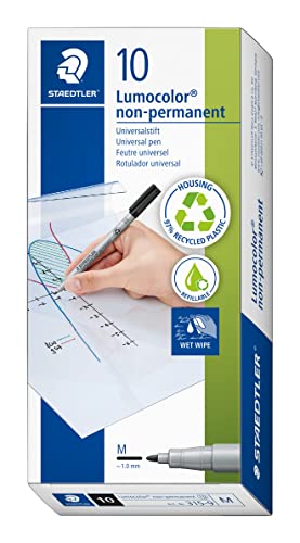 Staedtler Lumograph Non-Permanent Wet Erase Marker Pens, Medium Tip Refillable Colored Marker, Black, 315-9