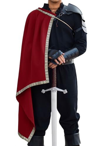 Runcati Mittelalter Umhang Herren Renaissance Halber Schulterumhang Wikinger Halloween Karneval Kostüm Cosplay LARP Vintage Mantel Cape Weinrot L