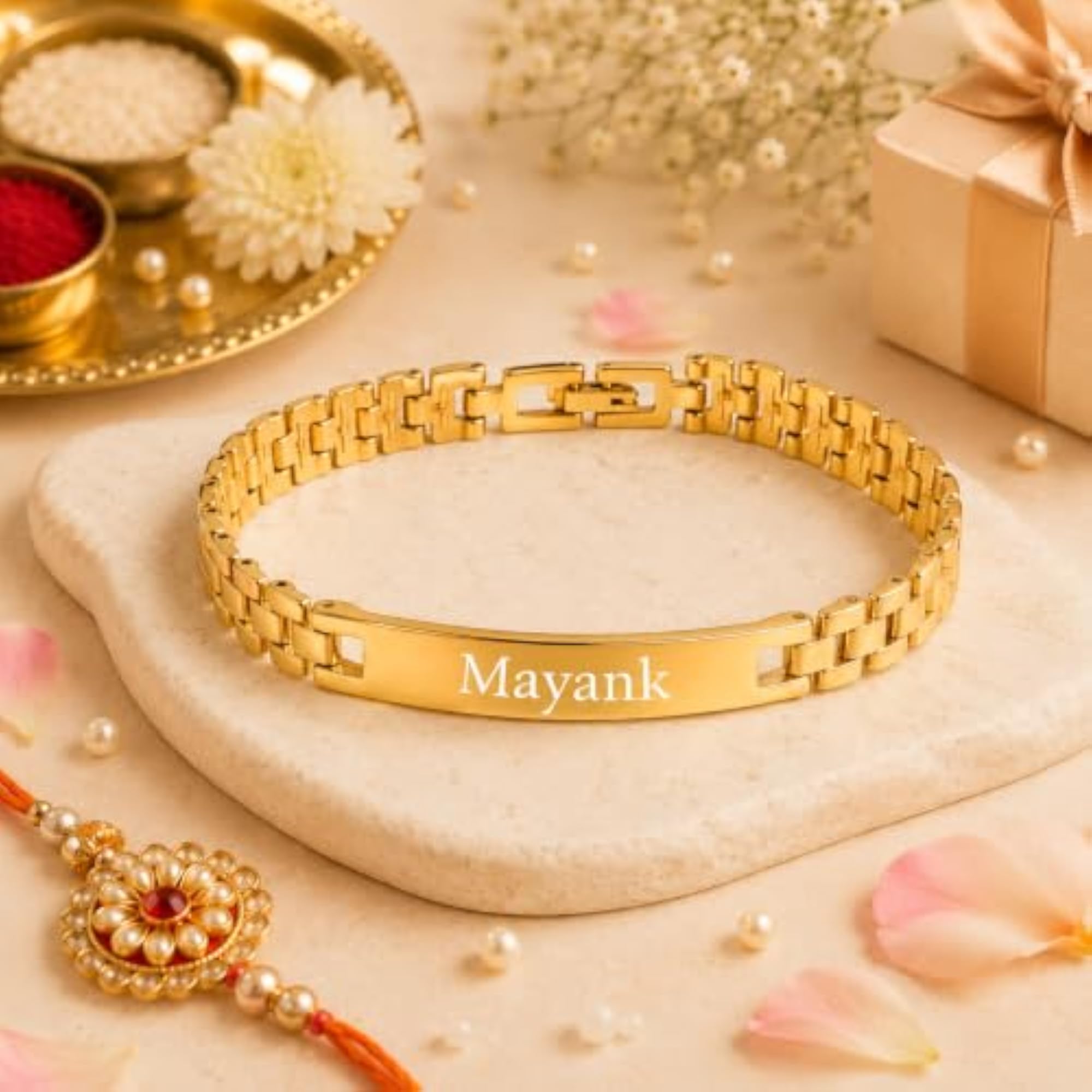 Personalized Bracelet Rakhi for Brother, Engraved Stainless Steel