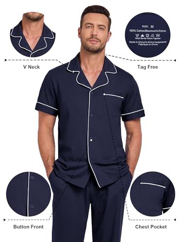 Image of COLORFULLEAF 100% Cotton Mens Pajamas Set Short Sleeve Loungewear with Long Pants Button Down Sleepwear Soft Comfy Pj for Men