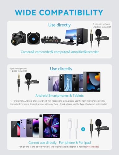 Lavalier Clip on Microphone, Portable Lav Mic for Android Smartphone Camera Podcast Laptop, Hands Free Recording Mic for YouTube,Interview,Video (3 Packs) - Image 4