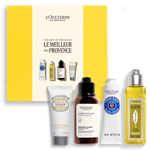 L'OCCITANE - Estuche Lo Mejor de la Provenza - Crema de Manos Karité, Gel de Ducha Verbena, Champú Equilibrante & Suavidad y Concentrado de Leche Corporal Almendra - Fabricado en Francia