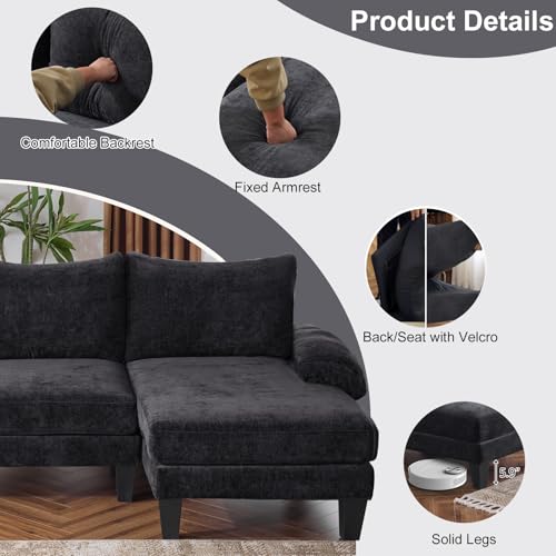 Karl home U-Shape Sectional Sofa Couch 111" Modern 4-Seat Sofa with Chaises Chenille Fabric Upholstered Covertible Couch with Wood Grain Legs for Living Room, Reception Room, Apartment, Black - Image 5