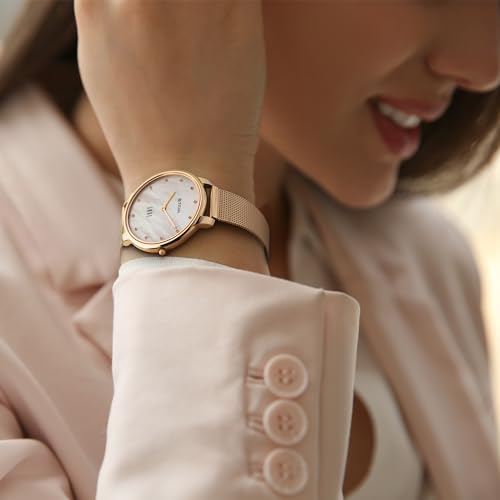 Image of Titan Edge Metal Ladies Allure Quartz Analog White Mother of Pearl Dial Rose Gold Stainless Steel Strap Watch for Women - NT2654WM02