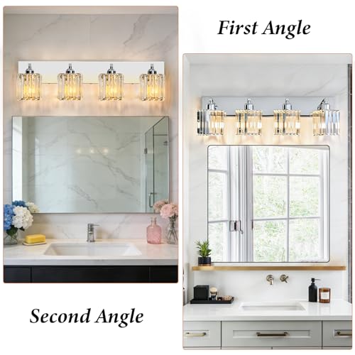Image of Brushed Chrome Crystal Bathroom Vanity Light, 4-Light Modern Bathroom Lighting Fixtures Over Mirror,Chrome Wall Sconce Light Fixtures with Square Shade