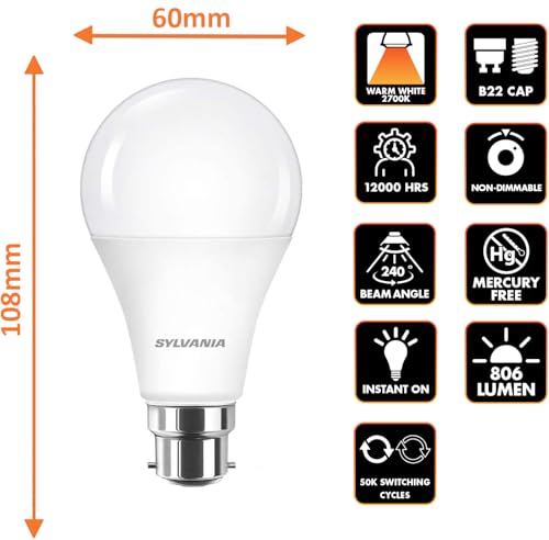 SYLVANIA GLS Frosted LED Light Bulbs, B22, 8W, 806 Lumens, Warm White 2700K - 4 Pack, 60 mm - Image 2