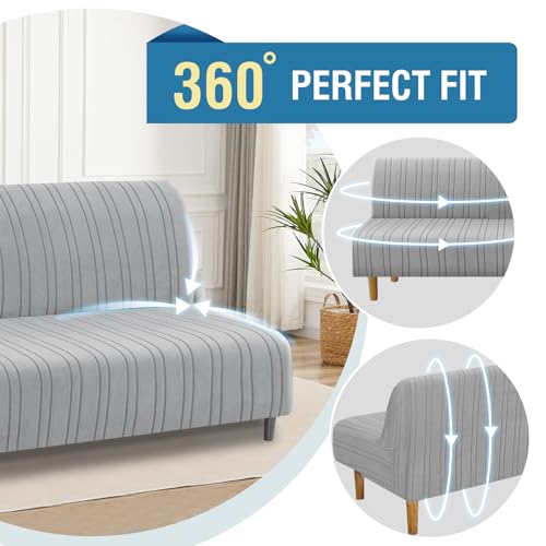 H.VERSAILTEX Stretch Futon Slipcover Armless Sofa Cover Furniture Protector Without Armrests Slipcover Soft with Elastic Bottom for Kids, Spandex Jacquard Modern Stripe Design, Dove - Image 5
