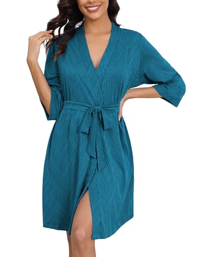 Image of Ekouaer Robes for Women Ribbed Knit Bathrobe Soft Knee Length Kimono Robe 3 /4 Sleeve Sleepwear with Pockets S-XXL