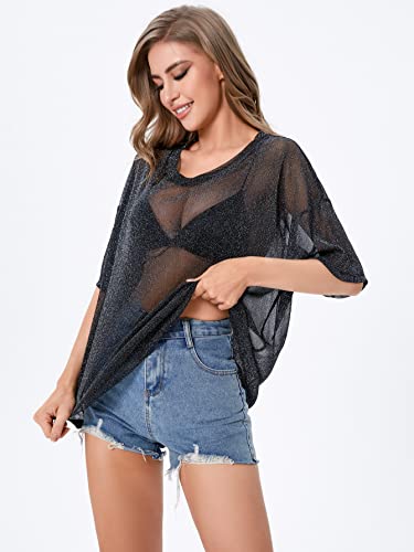 WDIRARA Women's Sheer See Through Short Sleeve Mesh Top Tee Blouse Solid Black L - Thumbnail 4