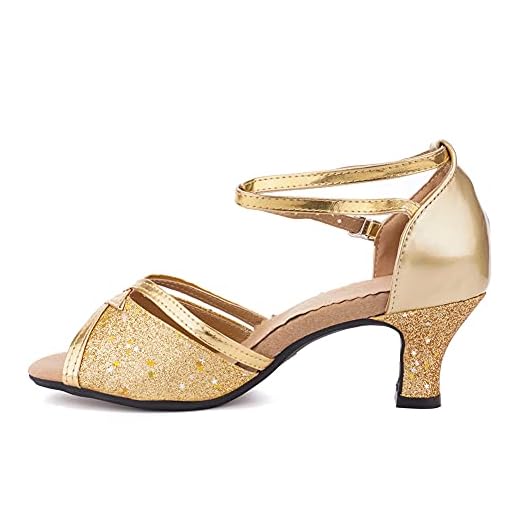 HIPPOSEUS Zapatos de Baile Latino con Brillo para Mujer Sandalias de Baile de Salsa para Fiestas de salón de Baile,Oro,tacón Medio,37 EU