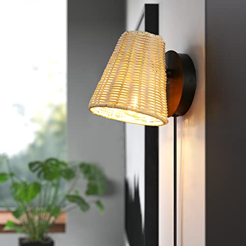 Image of Boho Plug in Wall Sconces with On /Off Switch Cord for Bedroom, Black Rattan Wicker Wall Lamp with Plug in Cord Rotatable Japanese Waven Reading Light Wall Mounted Fixtures for Loft, Living Room