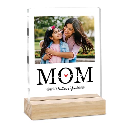 Image of Giftplease Customized Photo And Text Frame With Wooden Stand | Personalised Printed Photo Frame | Gift For Mom | Birthday | Mother's Day | Anniversary (Transparent, 5MM, 6 * 8 Inches), Tabletop