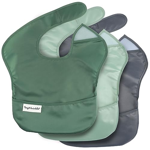 Image of Tiny Twinkle Mess-Proof Baby Bibs for Eating | Waterproof, Wipeable Toddler Bibs with Catch-All Pocket | Feeding Bibs for Girls & Boys(3 Pack,Olive. Slate)