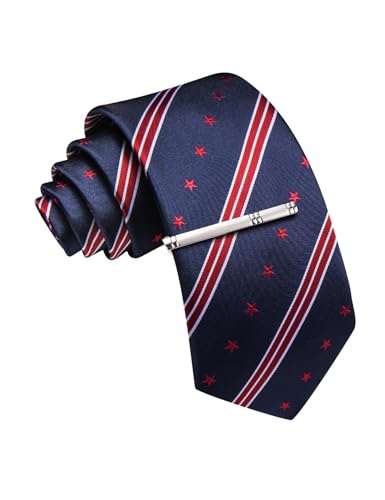 Image of Barry.Wang Mens Ties Extra Long Navy Blue Silk Striped Woven Necktie and Tie Clip Set Formal Business Wedding Festival