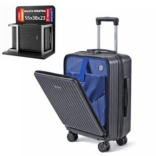 WYDEAZ Maleta de Cabina 55x38x23 cm, Trolley Rígido ABS+PC Ligero con 4 Ruedas 360°, Apertura Frontal, Puerto USB, Cierre de Combinación, Equipaje de Mano