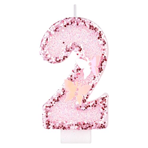 Alaoo Velas de aniversário com números 2, 3D, rosa, borboletas, velas de aniversário, decoração para bolos, velas de aniversário para meninas e mulheres para bolo, decoração aniversário