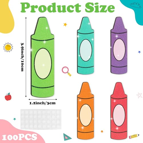 Image of Glitter Crayon Cutouts - 100Pcs Back to School Colorful Crayon Cutouts Bulletin Board DIY Paper Cuts Name Tag for Graduation First Day of School Party Classroom Bulletin Board Wall Decor Supplies