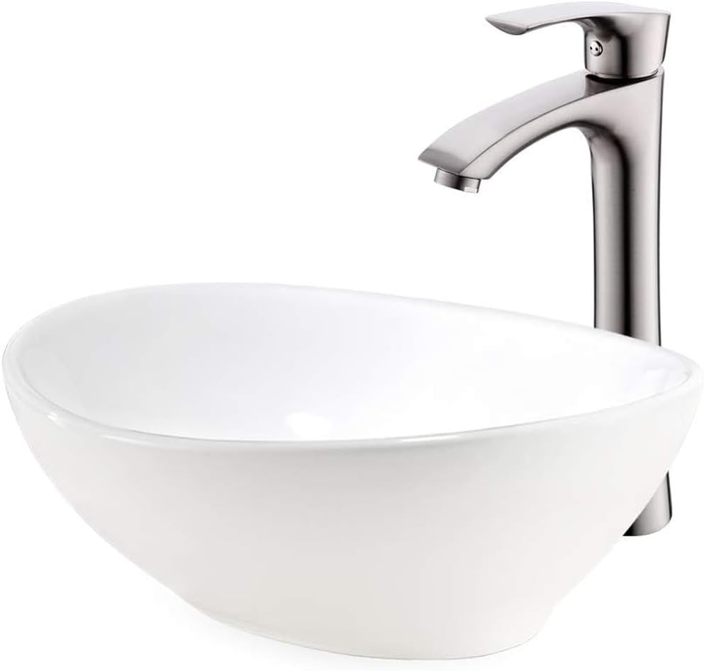 Oval Vessel Sink and Faucet Combo -VOKIM 16" x 13" White Ceramic Modern Egg Shape Above Counter Bathroom Vanity Bowl Sink,Brushed Nickel Faucet Matching Pop Up Drain Combo