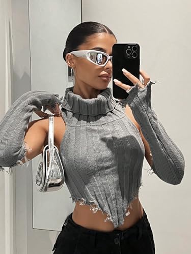 Image of GORGLITTER Women's Turtleneck Sleeveless Asymmetrical Hem Crop Sweater Vest with Arm Sleeves Grey X-Small