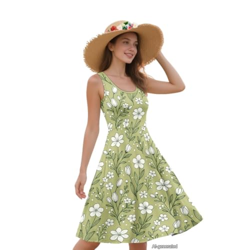 Image of Women Stylish Tank Dresses Sleeveless Round Neck Midi Casual Dress with Pocket for Summer