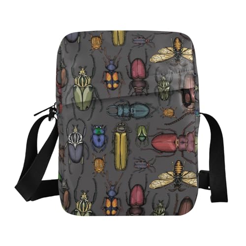 VIGTRO Small Messenger Bag Purse, Bright Insects Mini Crossbody Bag with Adjustable Strap for Women Men, Colorful Beetles Small Shoulder Bag for Travel Outdoor Sports