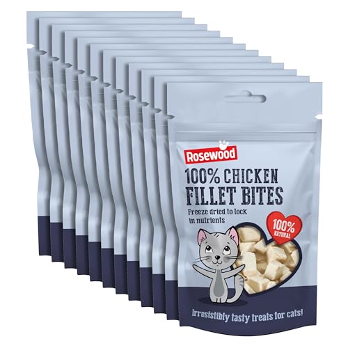 Rosewood Freeze Dried Chicken Bites for Cats - All Natural Chicken Fillet Small Bite-Sized Cat Treats Grain-Free Natural and Healthy Cat Snacks (Case of 12 x 15g Packs)