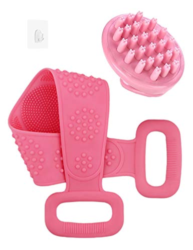 Firefly-web Silicone body back scrubber brush for shower women lady girl bath pink,Scalp massager shampoo brush best set, exfoliating soft back brush for shower long handle,Level up bath experience