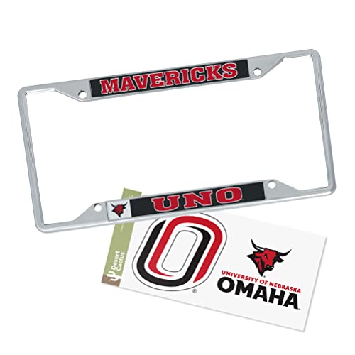 Desert Cactus University of Nebraska at Omaha Car Accessories Metal License Plate Frame and Sticker for Front or Rear of Car (Sticker Frame Combo - Mascot)