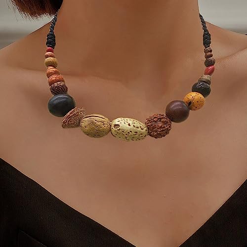 COLORFUL BLING Natural Chunky Wooden Beads Statement Necklace Boho African Tribal Collar Choker Bib Necklace Hippie Vacation Jewelry for Unisex Men Women-Bodhi Seed - Thumbnail 6