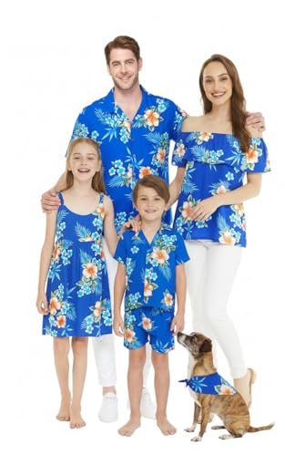 Image of Matchable Family Hawaiian Luau Men Women Girl Boy Clothes in Hibiscus Blue