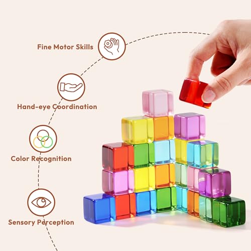 Image of Woodtoe Rainbow Building Blocks for Kids, 24 PCS Gem Blocks Toys Ages 3-6 | Acrylic Blocks, Montessori Stacking Toy for 3 4 5 6 Year Old, Educational STEM Creative Sensory Toy Gifts for Kids Boys Girls