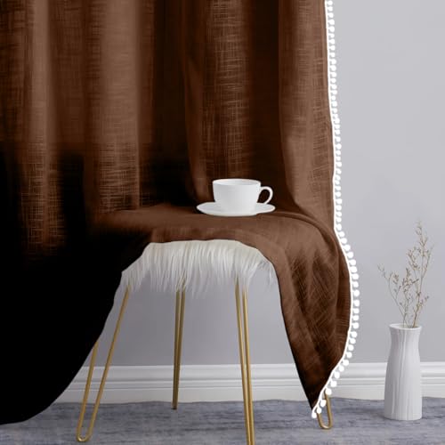 Image of THE LINEN COMPANY Cotton Linen Solid Curtain Set with Eyelet Rings (Brown, Window - 04 Feet)