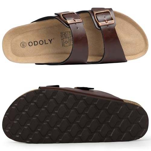 Image of ODOLY Unisex Comfortable Cork Footbed Slide Sandals with Arch Support | Adjustable Buckle, Lightweight Summer Sandals for Travel and Everyday Wear