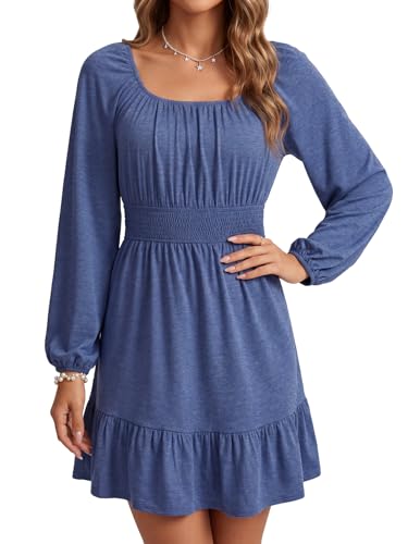 Image of Vrtige Women's Square Neck Long Sleeve Shirred Waist A Line Ruffle Hem Casual Party Mini Dress