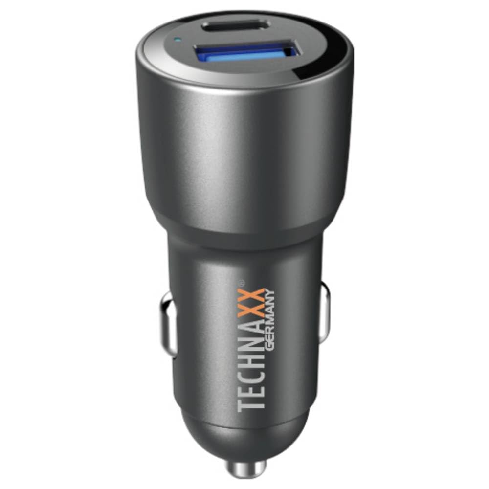 Technaxx TX-306, podwójna ładowarka samochodowa 60 W, 2-portowa ładowarka samochodowa adapter do zapalniczki z wyjściem USB typu C i USB-A, PD 30 W i QC3.0, dynamiczne ładowanie PPS, wejście 12-24 V