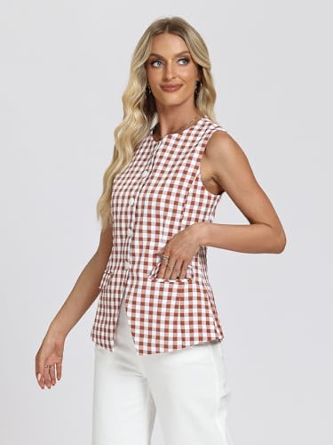 D-Sun Women's Sleeveless Blazer Vest Button Down Suit Vest Tops Gingham Trendy Round Neck Business Outerwear Waistcoat4