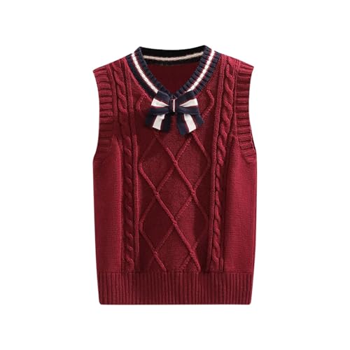 Youth Bow 𝐔niform Sweater Vest V-Neck Sleeveless Ribbed Knit Pullover Kid Girls Solid Fall Winter Knitted Tank Top