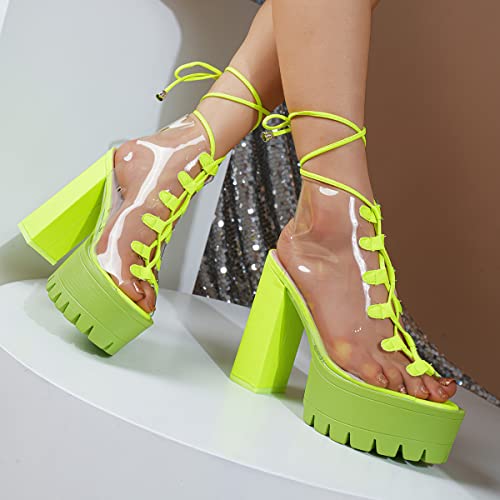 Women Booties Transparent Peep Toe Clear Lace Up Chunky Lug Sole Platform High Heels Summer Party Sandals Boots Shoes3