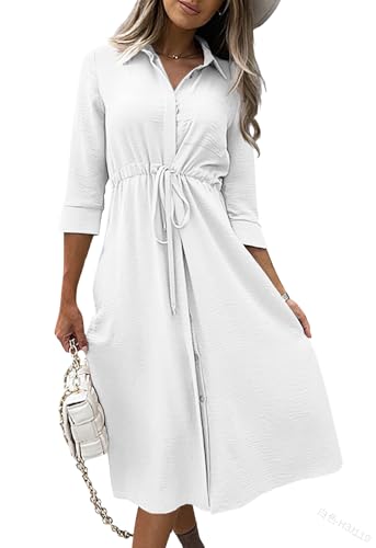 Image of Febriajuce Women's 3 /4 Sleeve Midi Dress Casual Drawstring Belted Round Neck Plain Tie Waist Loose High Waist Long Dress