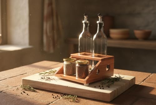 Image of WOODFARM Countertop Natural Wood /Wooden Rack /Stand for 1 Ltr Square Shape Oil Bottle /Dispenser, Seasoning Storage Holder /Organizer - 2 Holes (Size - 3.25 inch * 3.25 inch)