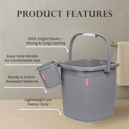 Image of Modware Square Ribbon Plastic Bucket Set with Mug | 20 L Bathroom Bucket with Handle + 1L Mug | Heavy-Duty Polypropylene + Co-Polymer | Stylish & Durable Bath Set (Grey)