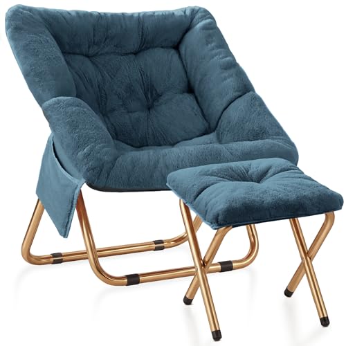 Kasunpul Comfy Saucer Chair, Foldable Living Room Chairs, Soft Faux Fur Lounge Chair for Bedroom, Reading Chairs for Adults, Teens, X-Large (Blue Grey)