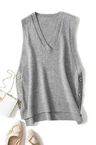 Image of Women's V-Neck Simple Three-Button Design Solid Color Loose Casual All-Wool Knitted Vest