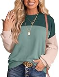 WIHOLL Long Sleeve Shirts For Women Fall Fashion 2024 Striped Knit Ribbed Tops Color Block Ladies Pullover Sweaters Cute Casual Tops Blue Green L