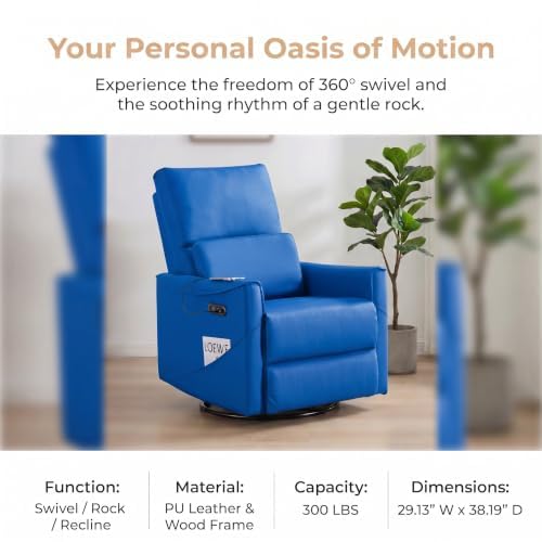 Image of Leather Power Swivel Rocking Recliner Chair, Electric Lazy Boy Reclining with Home Theater Seating, 360 Swivel Oversized Recliner Chair for Living Room, Bedroom, Reading, Napping, Blue