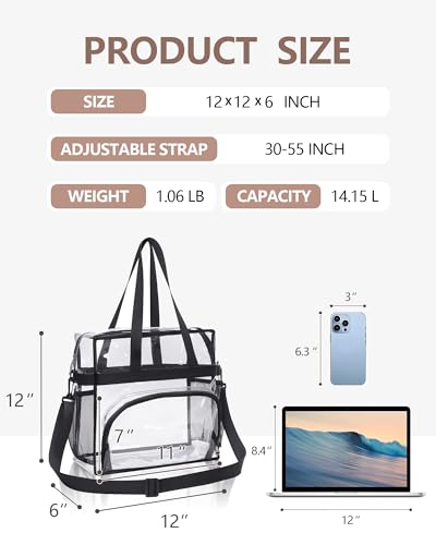 Lyingflat Clear Bag for Stadium Events 12x12x6 Clear Tote Bag with Large Front Pocket Removable Strap for Work Sports Concert4